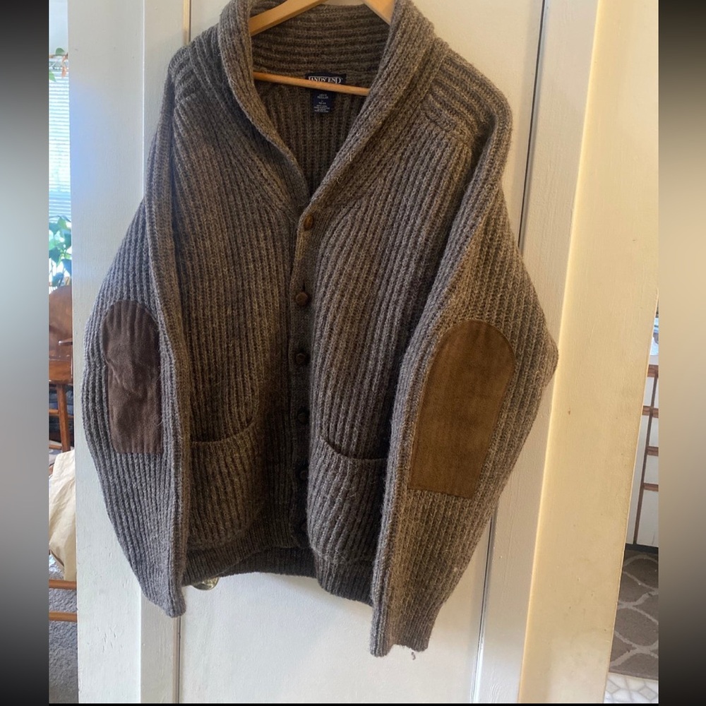 Lands end large 100% wool cardigan with pockets and elbow patches